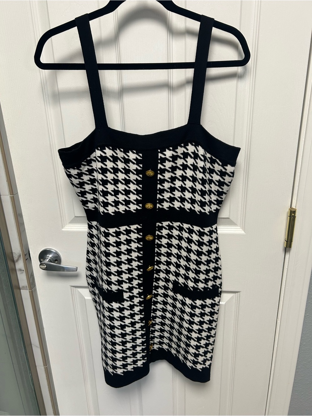 Black & White Houndstooth Cardigan with Gold Crest Buttons